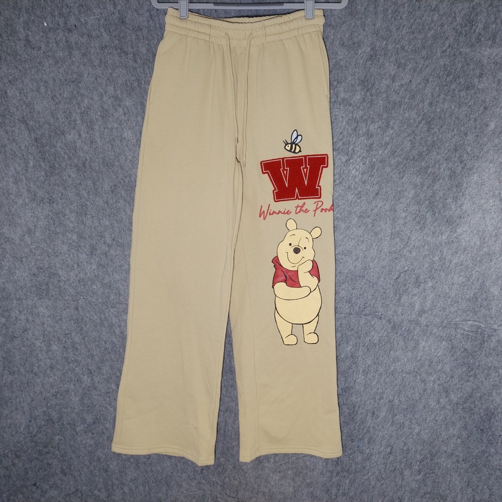 Disney Women Winnie the Pooh Sweatpants S Tan Embroidered Wide Leg Pockets